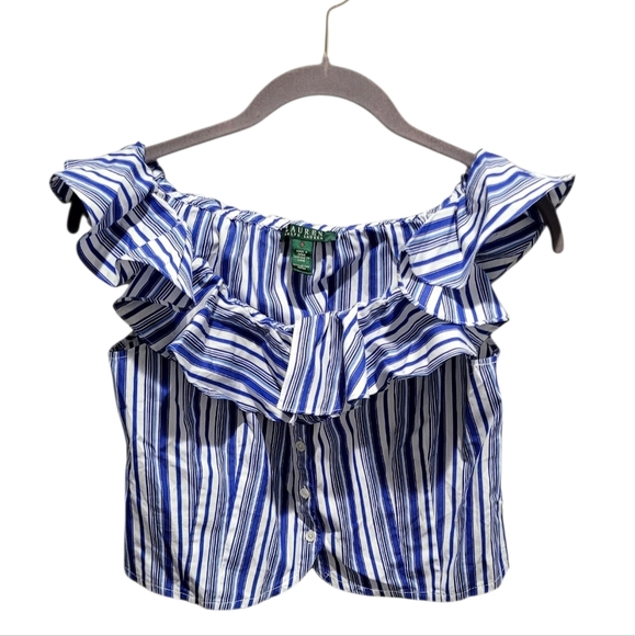 Lauren Ralph Lauren Blue Striped Off The Shoulder Top - Picture 2 of 9
